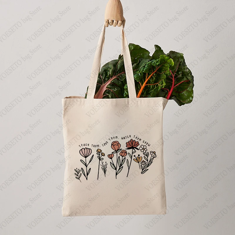 Teach Them Love Them Watch Them Grow Floral Pattern Tote Bag Floral Casual Canvas Shoulder Bag Teachers Gifts Women Shopping Bag