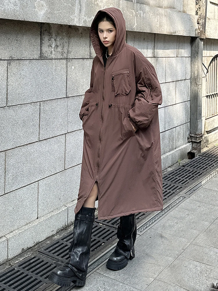 [EAM] Dark Gray Big Size Long Hooded Cotton-padded Coat Long Sleeve Women Parkas Fashion Tide New Autumn Winter 2024 1DH7696