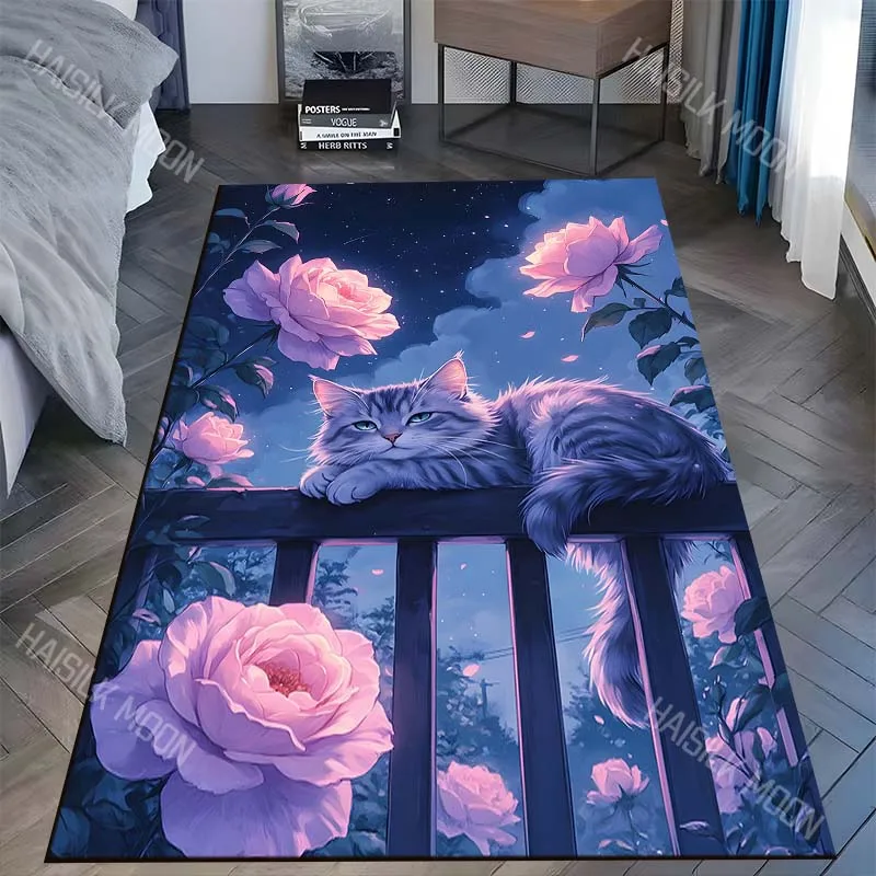1PC Moonlit roses fence relaxed cat Carpet for Living Room Bedroom Sofa Home Decor Rus Non-slip Floor Mat Luxury Gift