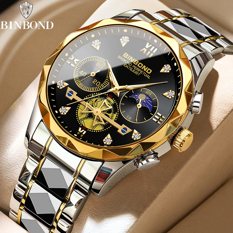 BINBOND Top Business Men\'s Watches Classic Diamond Scale Dial Luxury Quartz Wrist Watch 30M Waterproof Luminous Men Watch B1236