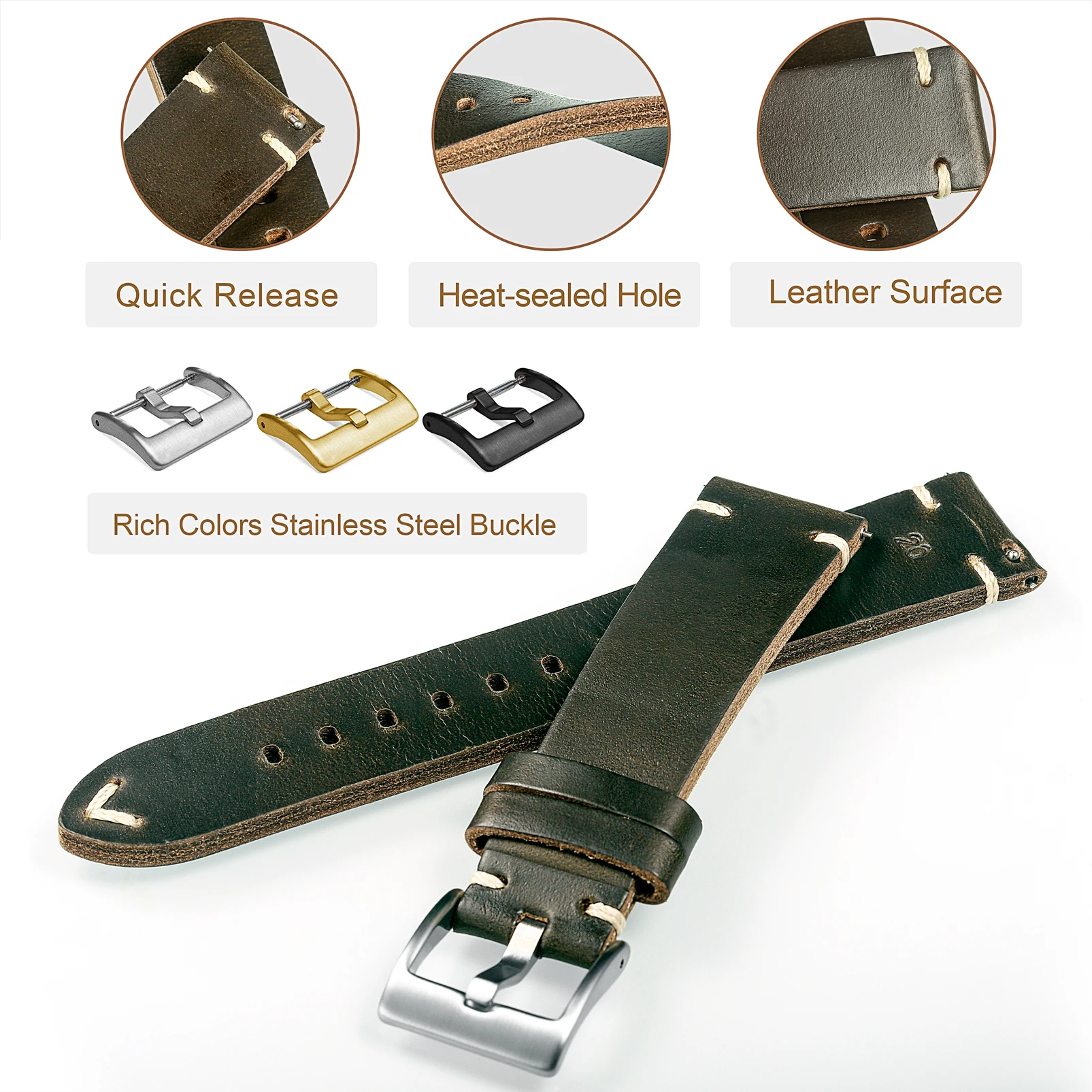 Hemsut cavalo hip couro pulseiras de relógio para homem mulher, horween chromexcel couro liberação rápida artesanal pulseira de relógio macio vintag