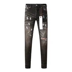 Summer Streetwear High Stretch Distressed Skinny Button Fly Ripped Holes Painted Jeans Pants