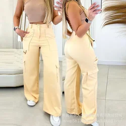 Women's Wide Leg Pants Solid Color Buckle Pockets Casual High Waisted Long Wide Leg Pants 2024