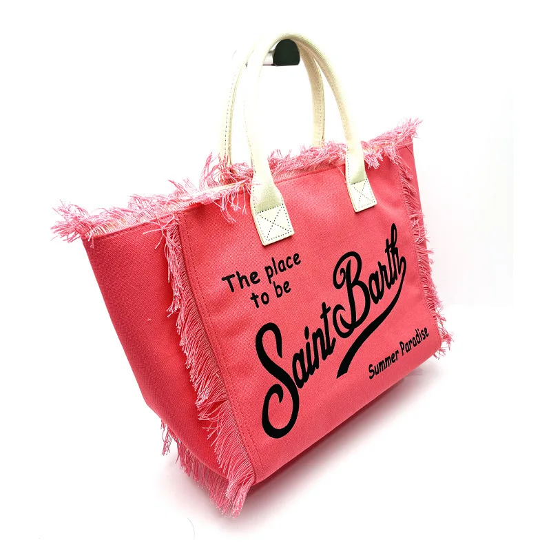 Bolsa rosa para mulheres, bolsa de ombro com zíper e borla, bolsa de lona de grande capacidade