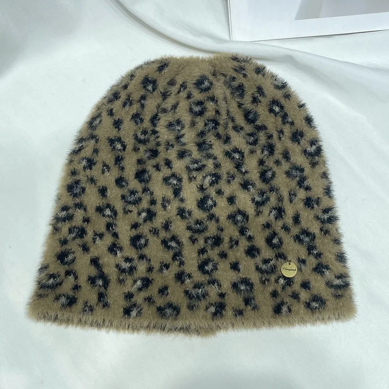 الأمريكية الرجعية ليوبارد طباعة أفخم البلوز محبوك قبعة المرأة الخريف والشتاء لينة عادية الدافئة سدادات حماية الأذن الجمجمة قبعة قبعة