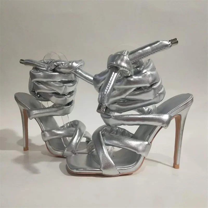 Grey Silvery Feet Ring Winding Tape Sandals Fashion Walk Show Women's Shoes 2024 Summer New Square Toe High Heels Size 34-43