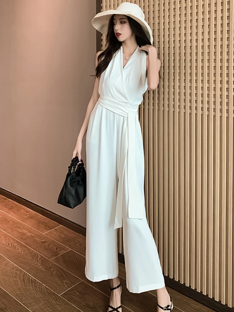 

Fashion Summer Elegant Women Wide Leg Loose One Piece Jumpsuits Streetwear Casual Solid Sexy V-Neck Belt Long Pants Rompers Club