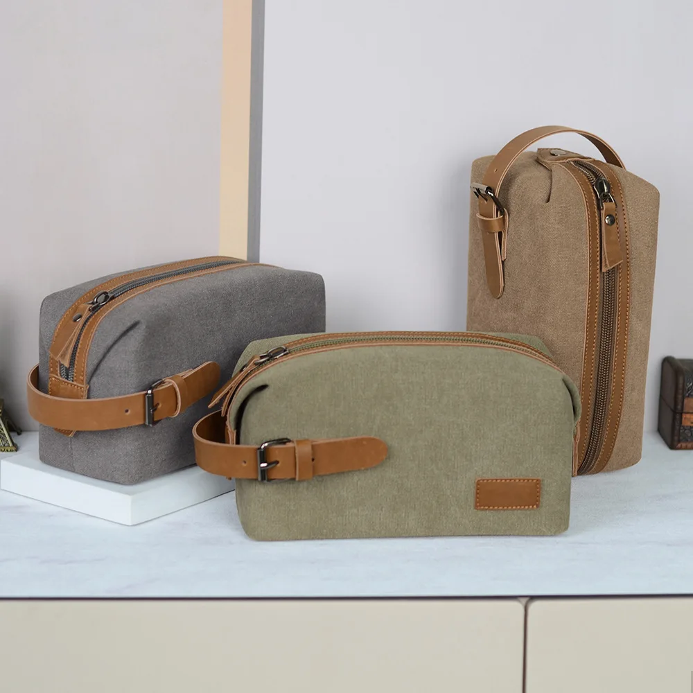 Retro wash large capacity makeup bag portable portable canvas with crazy horse leather stitching for men and women