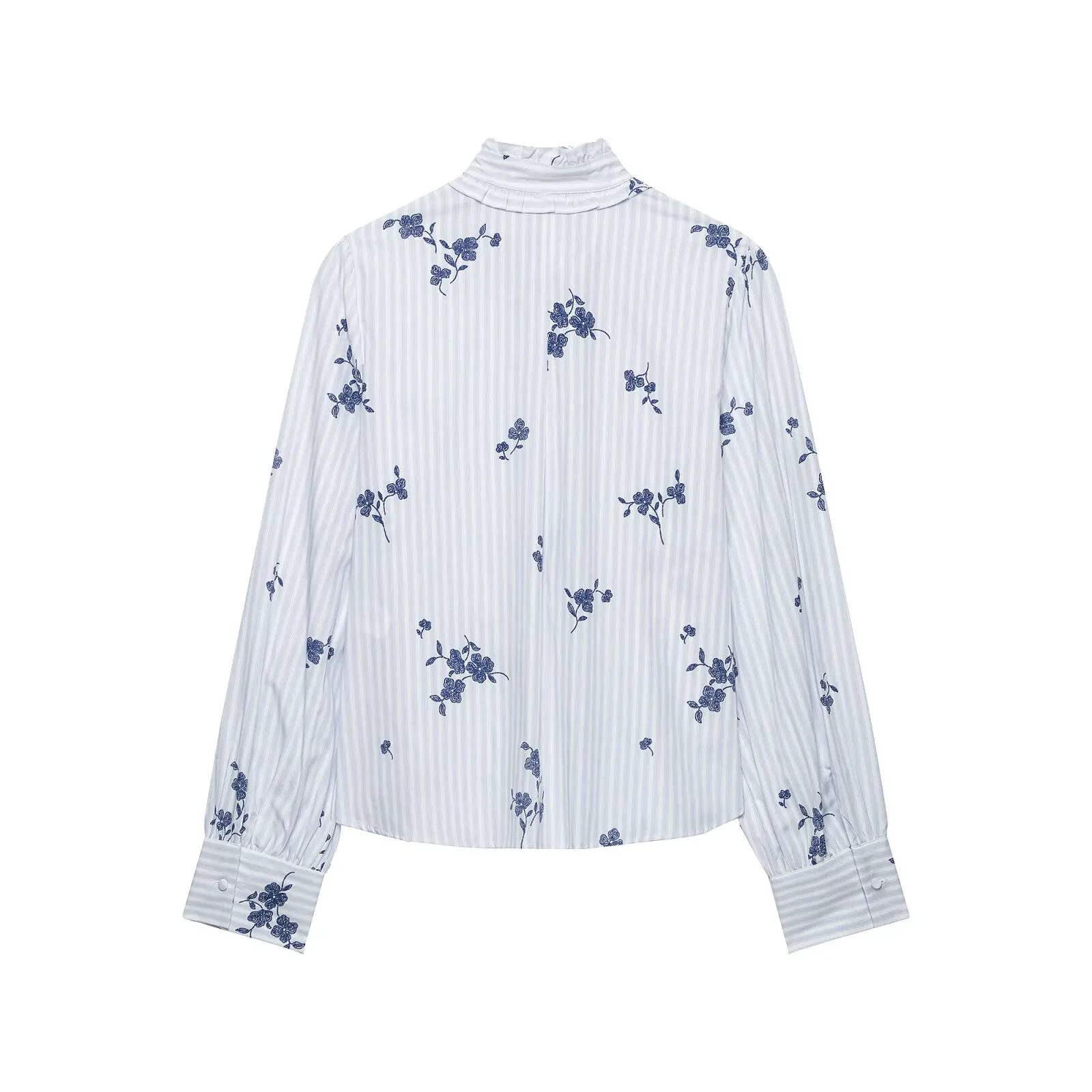 Autumn New Women Long Sleeve Stand Collar Bow Stripe Print Shirt