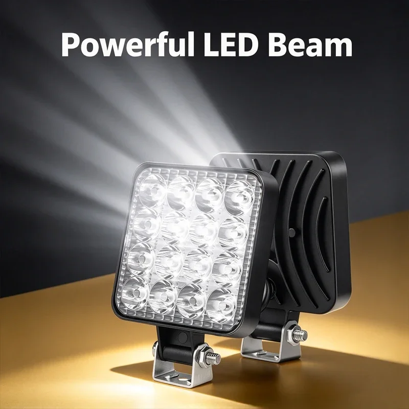 6000K spotlight 12V-48V off-road driving fog light 48W square LED work light 16LED, suitable for truck pickup ATV UTV tractor