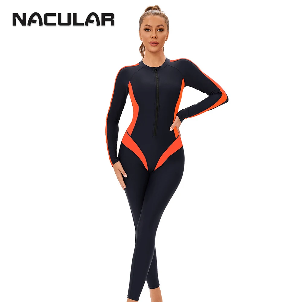 Nauular esporte maiô mangas compridas retalhos uma peça surf plus size novo acolchoado beach wear rash guards feminino mergulho 2025