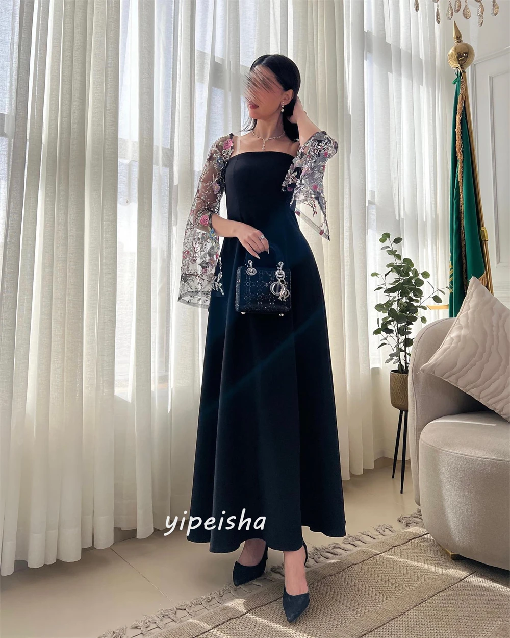 Jiayigong Simples Estilo Moderno Vestido De Noite Formal, Colarinho Quadrado A linha Apliques, Cetim Bespoke Ocasião Vestidos