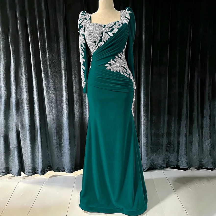 Green Velvet Long-sleeved Evening Dress Shining Beaded Woman Wedding Enagement Gowns Customized Formal Party Dresses image 4