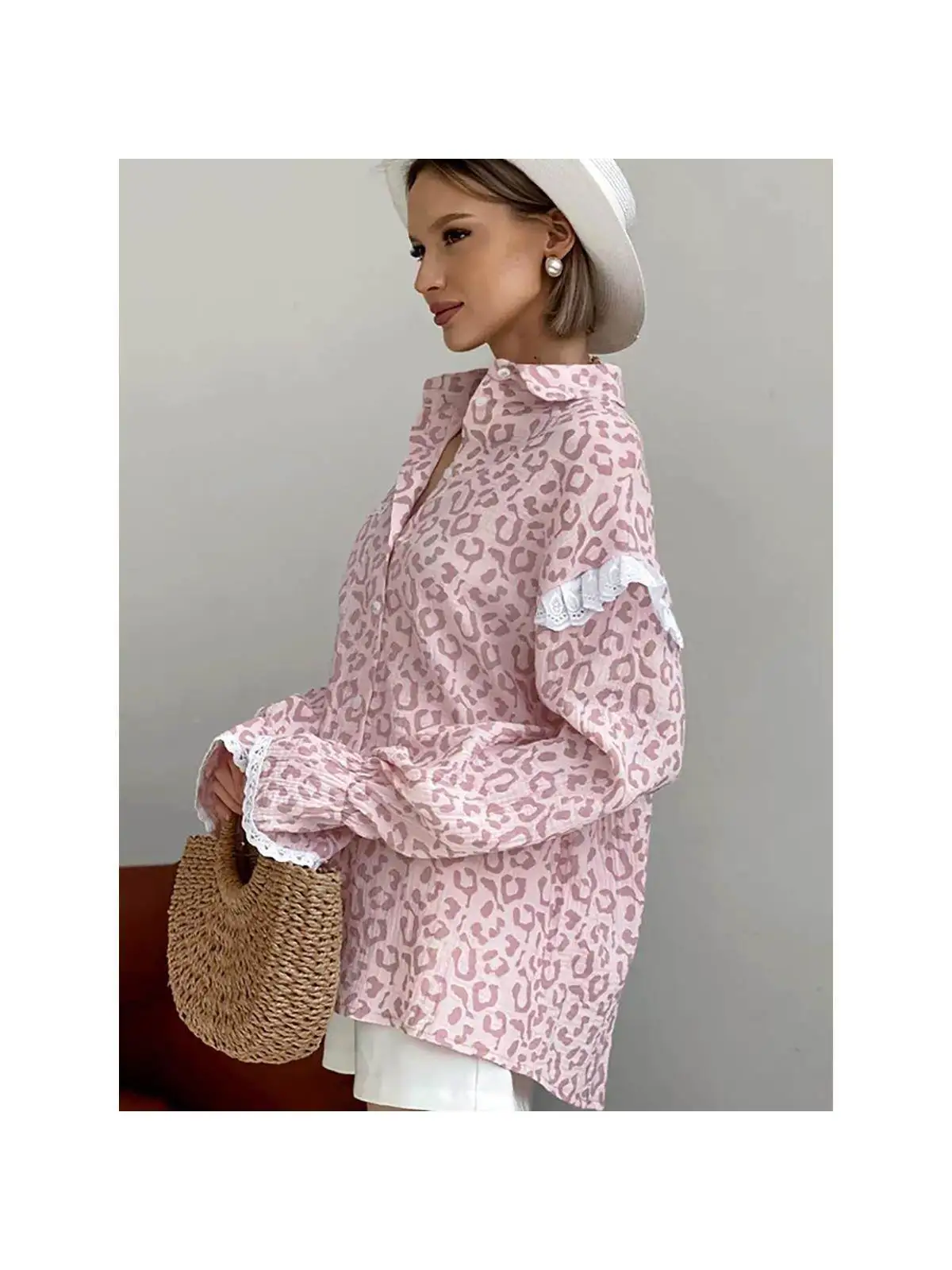 

Casual Cotton Linen Long Sve irt Pink Leopard Print Knot Straight Cut Thin Autumn Warm Ladies Faion irt
