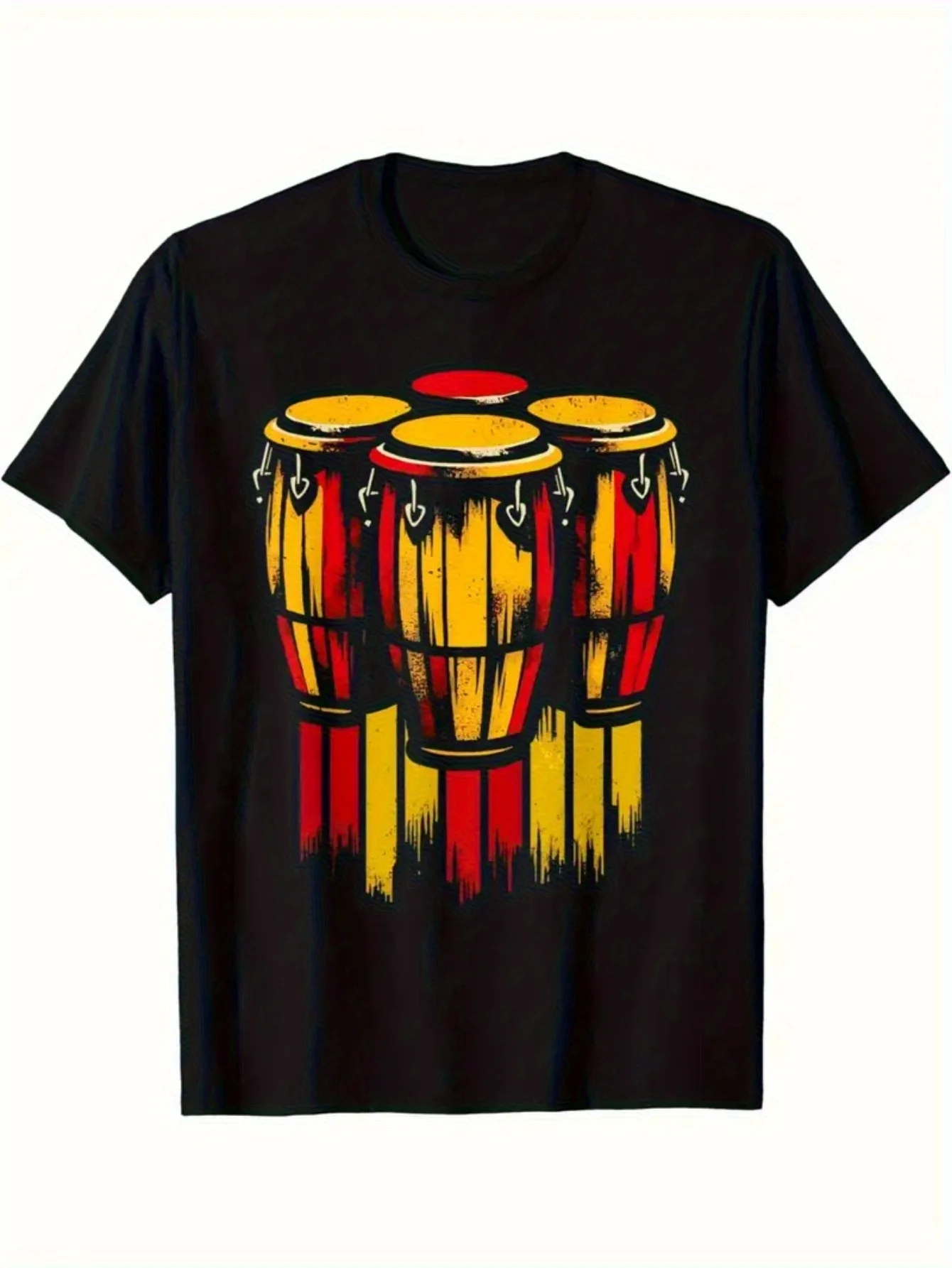 

Men's Retro Conga Drums Graphic T-Shirt - Elastic Fit All-Season Crew Neck Tee with Vibrant Yellow & Red Design 100% Cotton for C