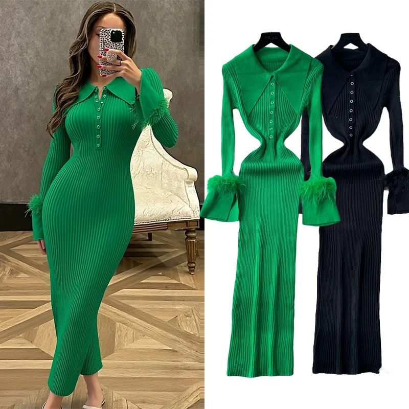 YuooMuoo Markenmode Damen Gestricktes Maxikleid Herbst Winter Elegantes Kleid mit Umlegekragen, figurbetont, Partykleid, Vesitdos