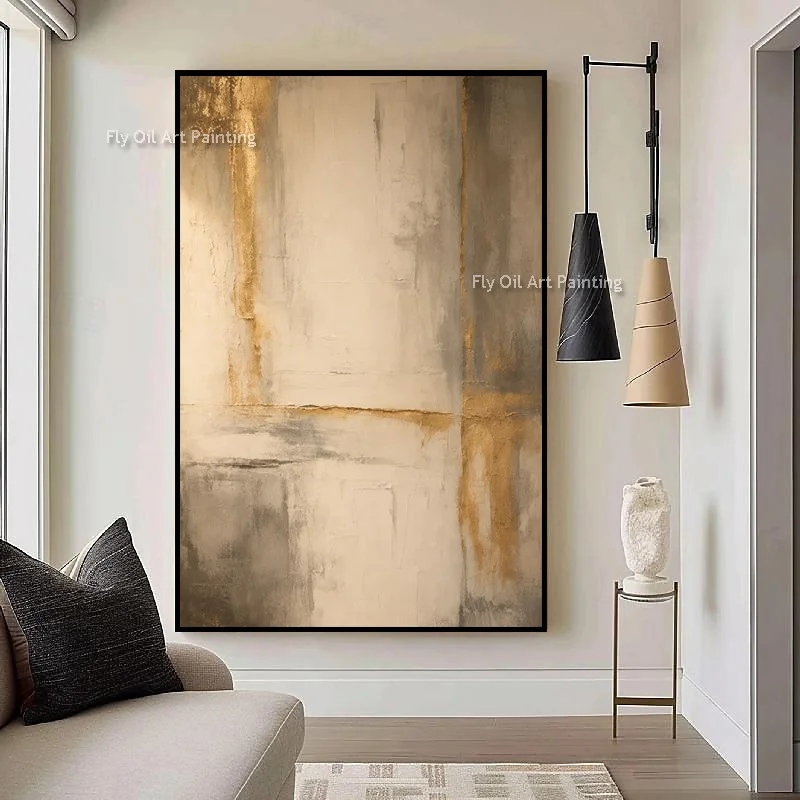 Beige Grey Vertical Gold Streak Canvas Art Hand Painted Impasto Oil Painting Wabi Sabi Entry Wall Decor