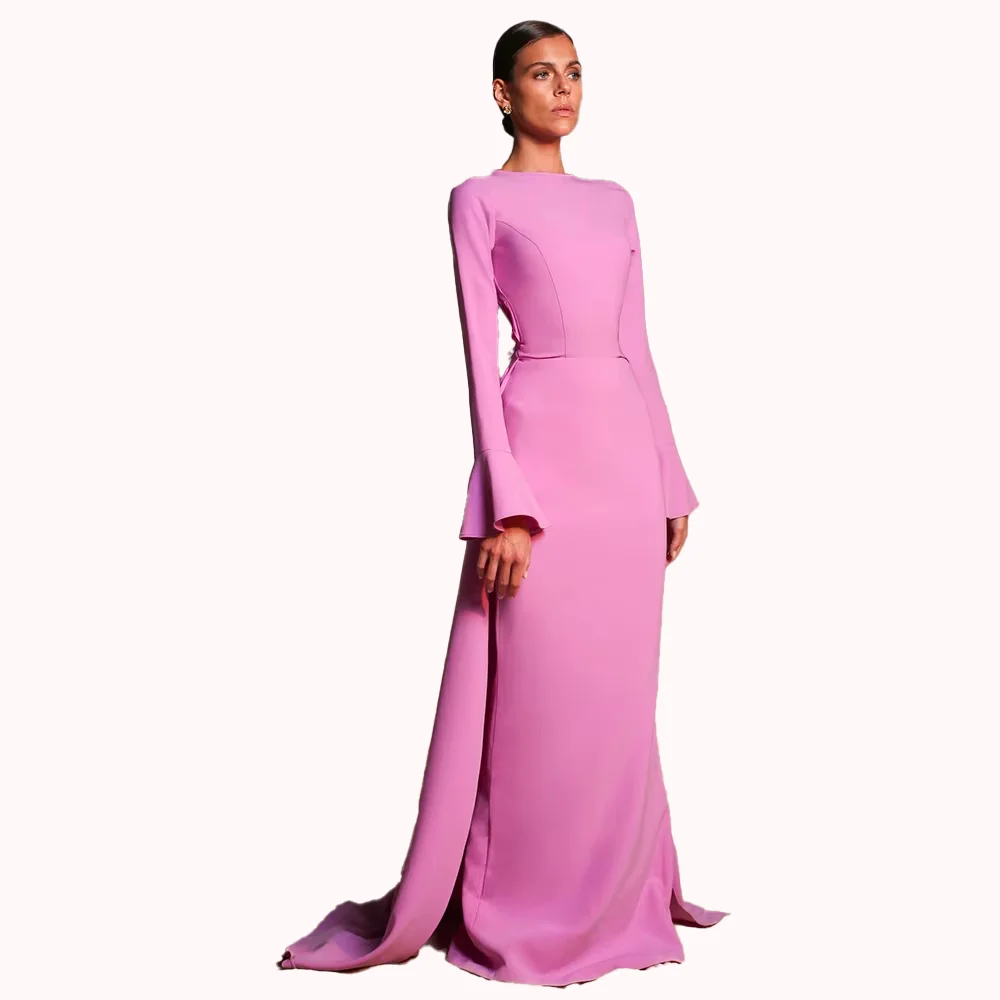 핑크 긴 소매 이브닝 드레스 2025 높은 목 오픈 다시 크리스탈 바닥 길이 스윕 기차 웨딩 파티 드레스 사용자 정의