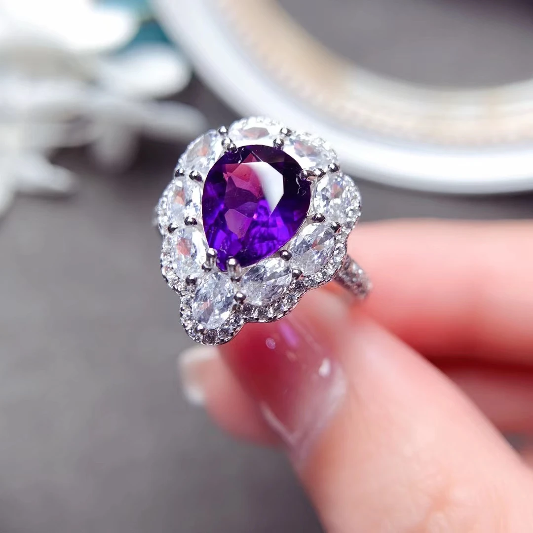 Dazzling Crystal Silver Ring 8mm*10mm VVS Grade Pear Cut Natural Amethyst Ring 925 Silver Amethyst Jewelry