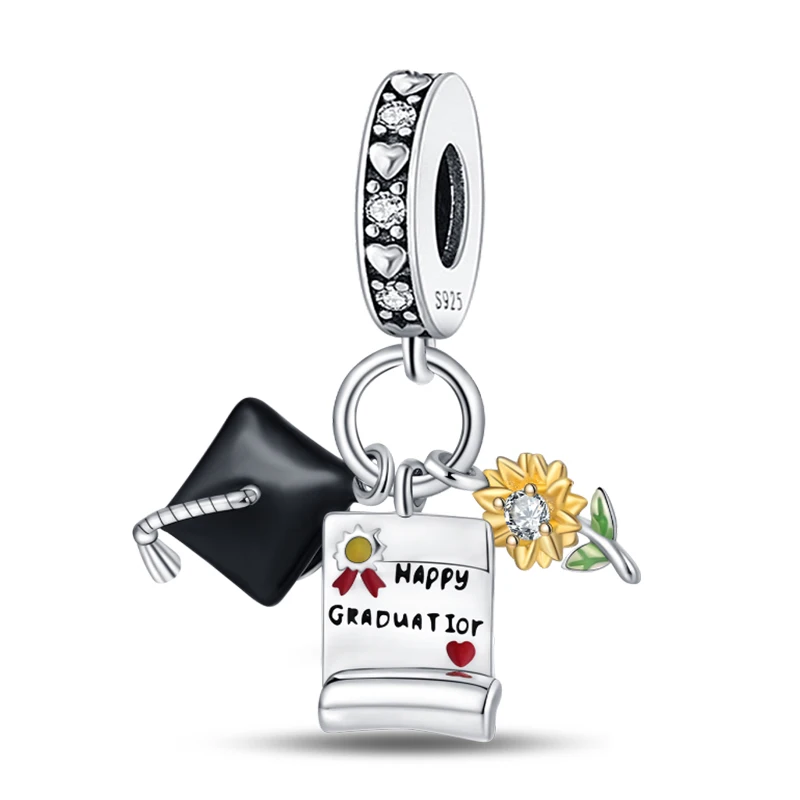 S925 Silver Color Graduation Certificate Bachelor's Hat Graduation Series Charms Beads Fit Pan Original Bracelets DIY Jewelry image 3