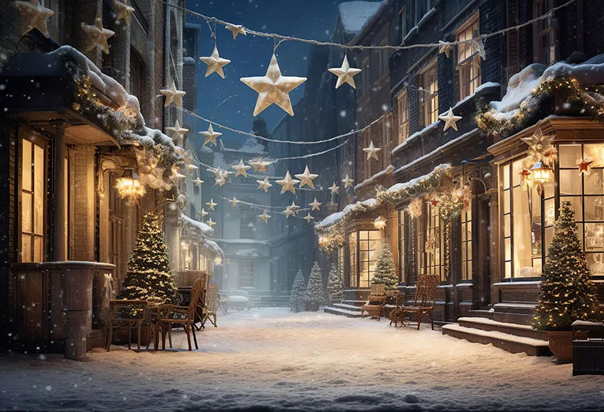 Mehofond Christmas City Street Backdrop Photography Winter Snow Golden Star Lights House Outdoor Kids Portrait Photo Background