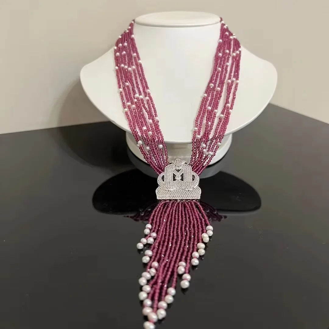 

20" 14 Rows White Pearl Rose Agates Gems Stone Necklace CZ Pendant For Women