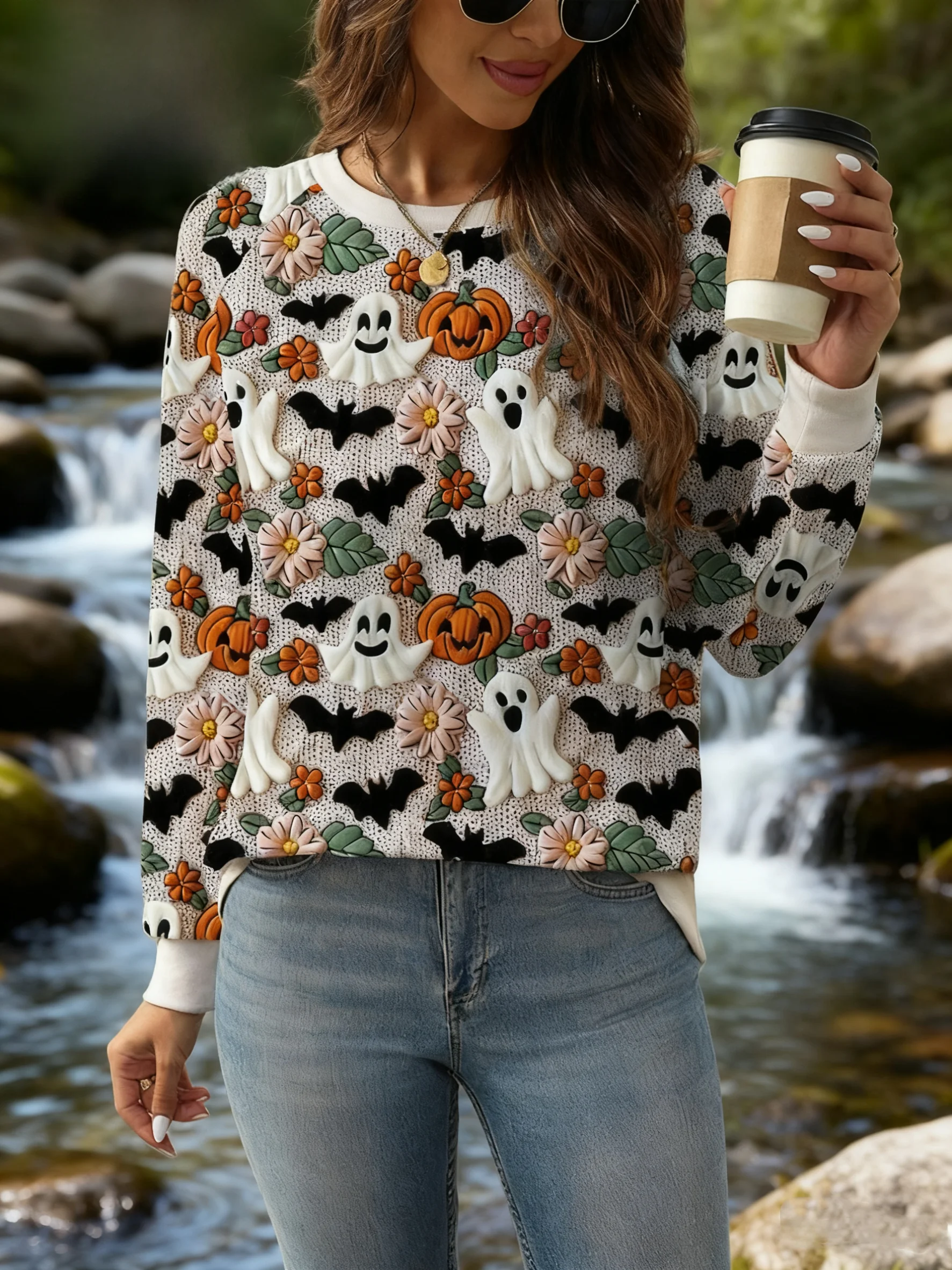 

Ghost Pumpkin loween Oversized Women's Sweatirt round Ne Long Sve Comfortable Fit Casual Streetwear Sle