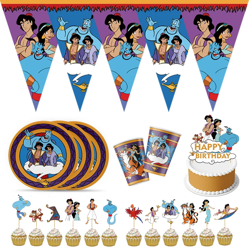 Disney Aladdin's Lamp Party Supplies Set Box Napkins Plates Tablecloth Cups Forks Spoons Aladdin Birthday Party Decoration Kids