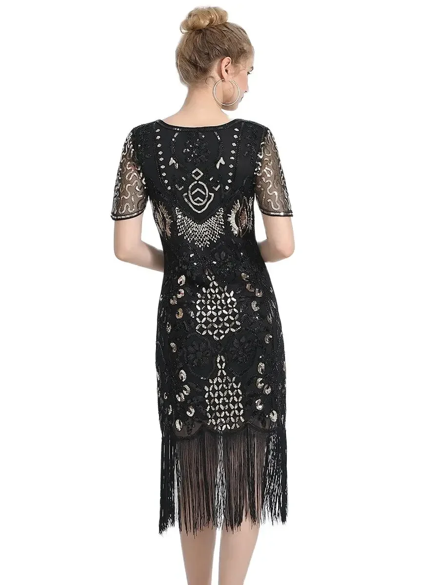Sukienka z frędzlami, dekolt w kształcie litery V, rękaw w kształcie płatka, haftowana sukienka Midi, duży rozmiar 4XL, lata 20. Flapper Dress, cekiny, zroszony, impreza Great Gatsby