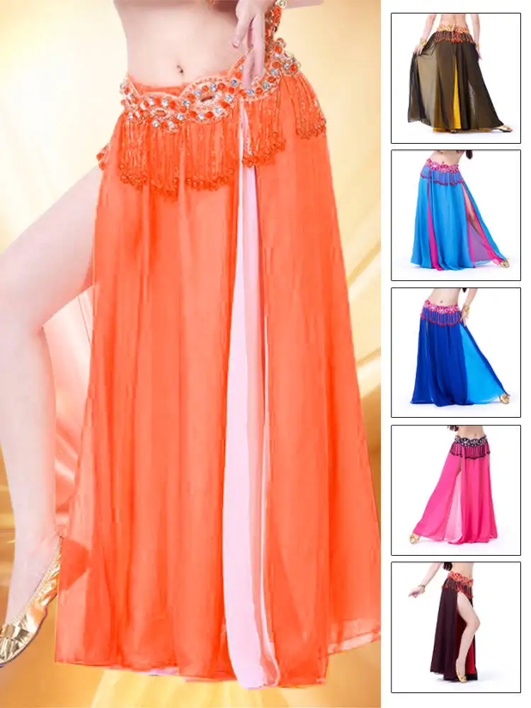 女性セクシーなベリーダンススカートダブルスリットシフォンダンススカートオリエンタルベリーダンスステージパフォーマンスショーカーニバル衣装