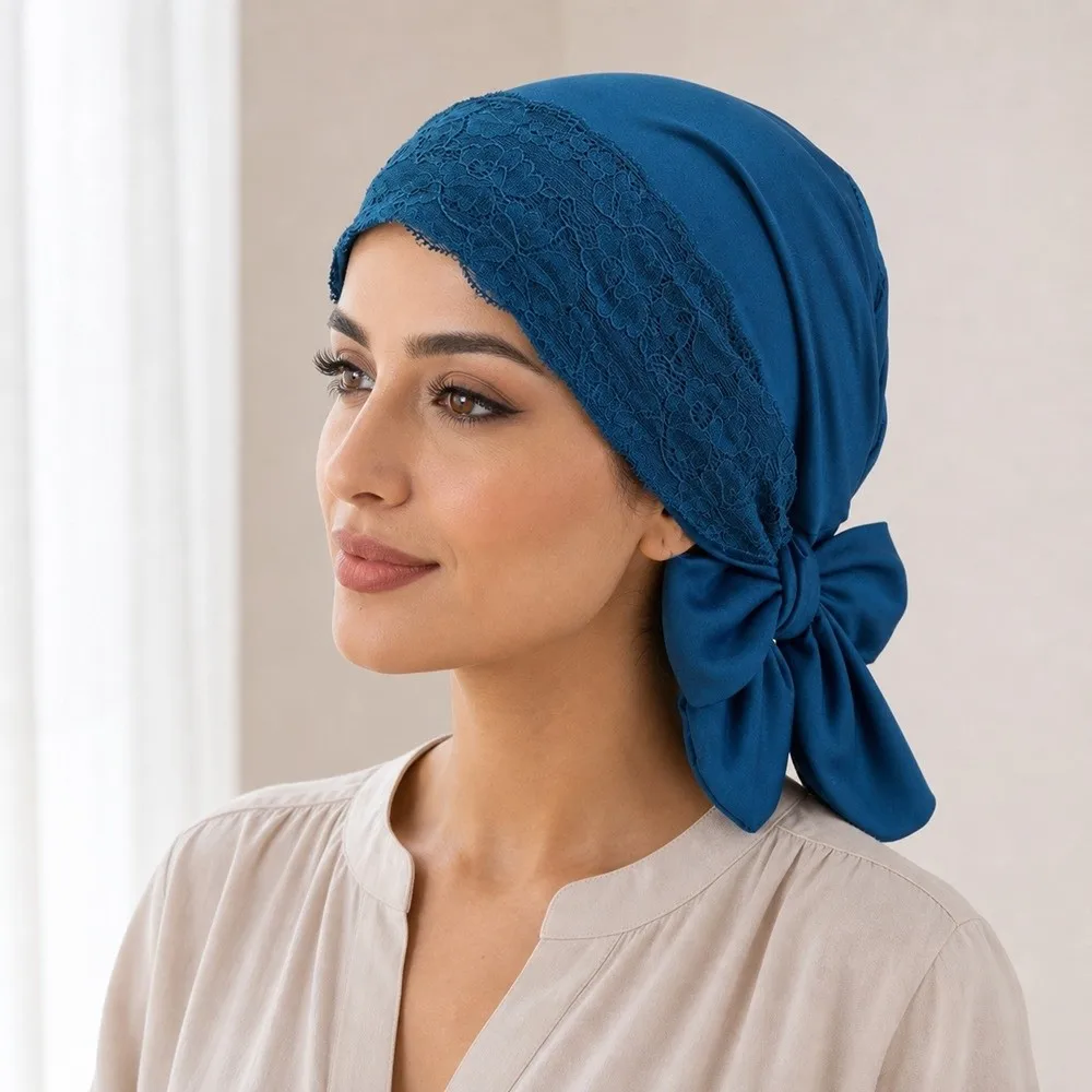 Fashion Solid Color Base Cap Lace Edging Breathable Hijab Caps Soft Elastic Long Tail Turban Hat for Women