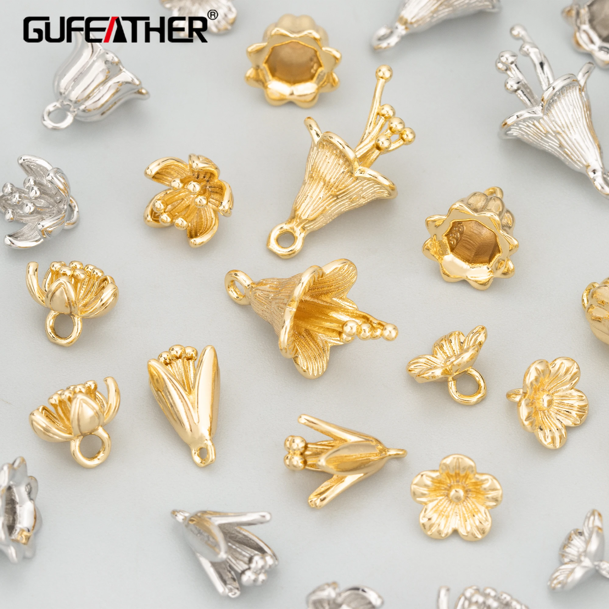 GUFEATHER, 10 Stück/Menge, MH43, Schmuckzubehör, 18 Karat Gold rhodiniert, Kupfer, Blumenform, Charms, Schmuckherstellung, DIY-Anhänger
