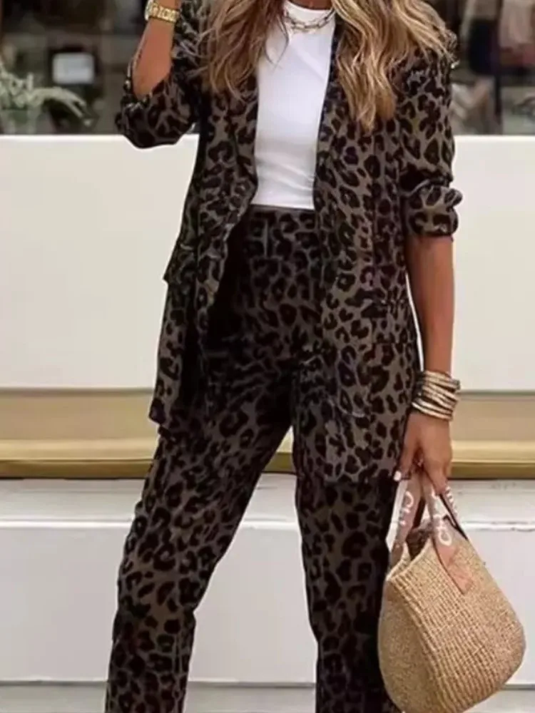 مزاجه ليوبارد طباعة دعوى قطعتين مجموعة المرأة طويلة الأكمام السترة معطف بنطلون 2 قطعة مجموعات ربيع الخريف التنقل وتتسابق