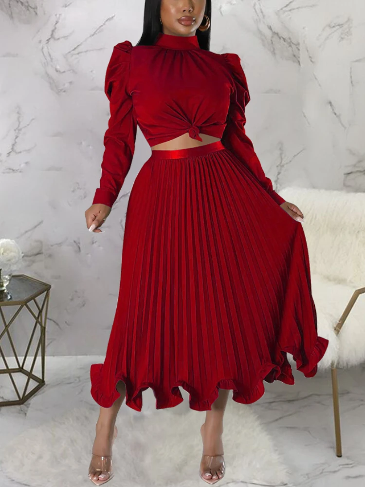 

2 Piece Dress Set Hgih Waist Pleated Ruffled Skirt with Long Sleeve Mock Neck Blouses Spring New In Matching Sets for Women