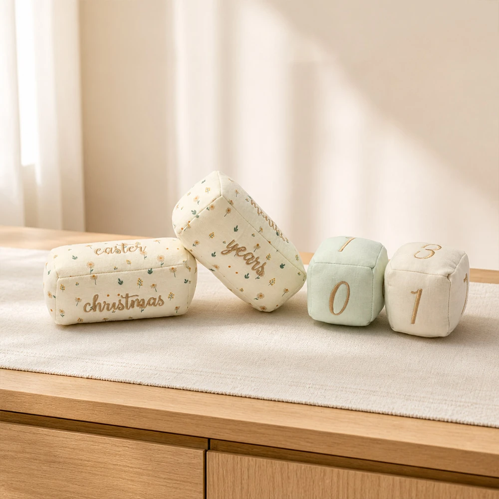 Soft Cotton Baby Milestone Photo Props Set Floral Print Embroidered Numbers Time Word Cotton Blocks Newborn Photography Prop