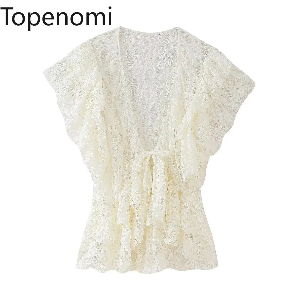 

Topenomi Women V Neck Bow Tie Lace Shirt 2025 Summer Fashion Ruffle Slim Fit Short Sleeve Blouse French Gentle Versatile Tops