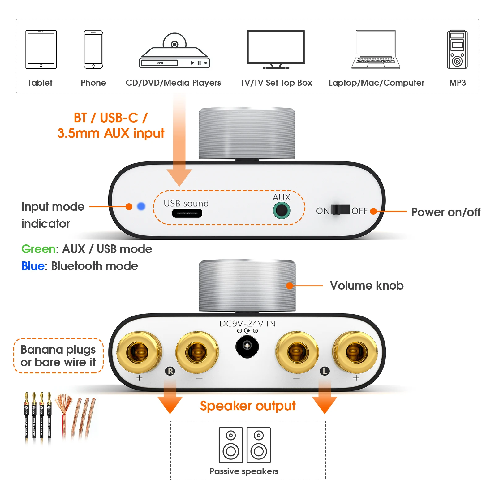 Douk Audio HiFi Bluetooth 5.0 Wzmacniacz mocy Mini TPA3116 Cyfrowy wzmacniacz audio klasy D na biurko do samochodu domowego 50W + 50W — zdjęcie produktu 2