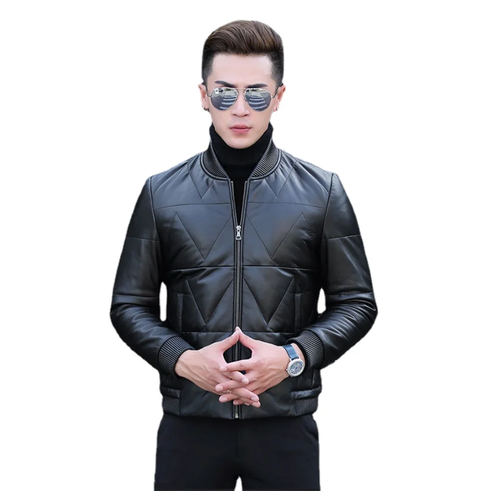 New Natural Genuine Leather Clothes Men's Sheepskin Baseball down Jacket Coat Short Korean Slim Jacket men  motorcycle