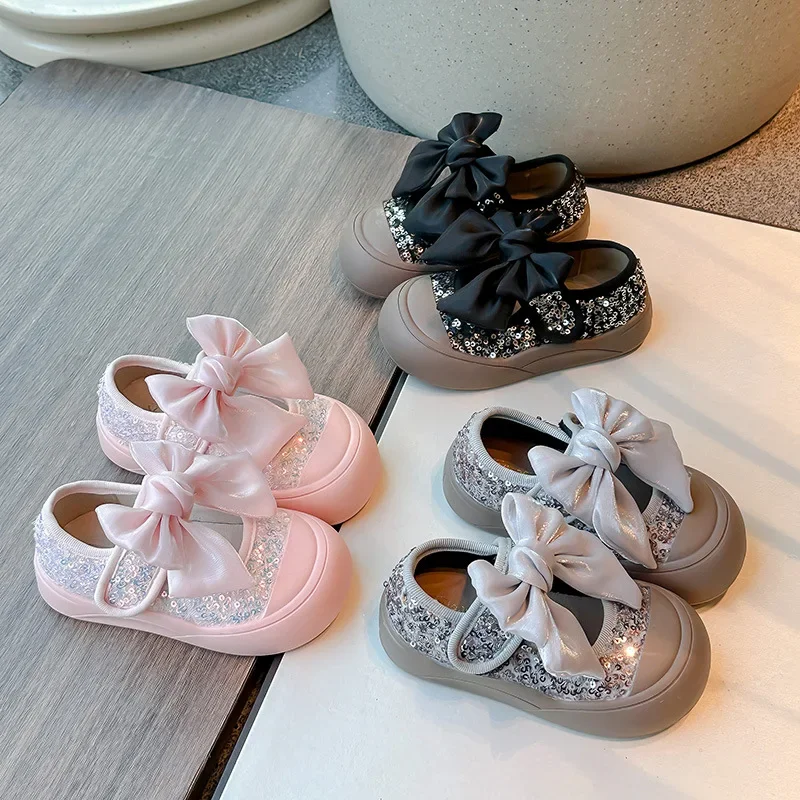 Autumn New Children Soft Sole Casual Shoes Fashion Bowknot Shiny Girls Princess Flat Shoes Kids Shallow Breathable Canvas Shoes