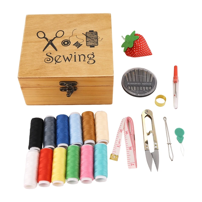 Kit de costura de roupas caixa de costura de madeira acessórios de costura kit caixa de trabalho para remendar