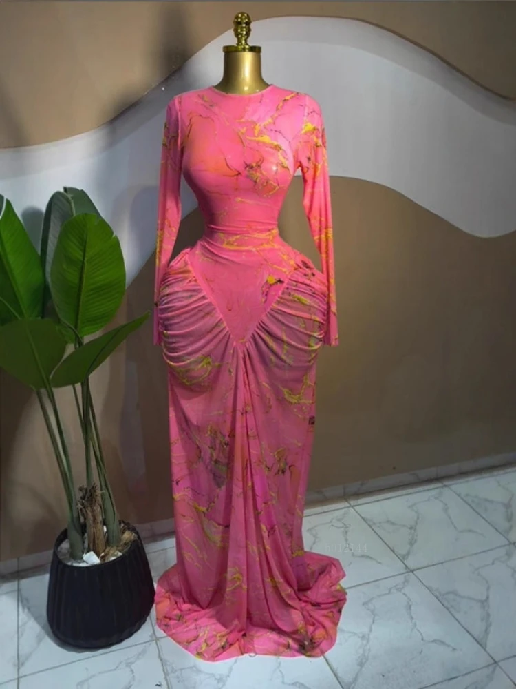 Femmes élégantes cravate colorant imprimé empilé froncé à manches longues Midi moulante Maxi longue robe fête d'anniversaire éducation robes à la mode