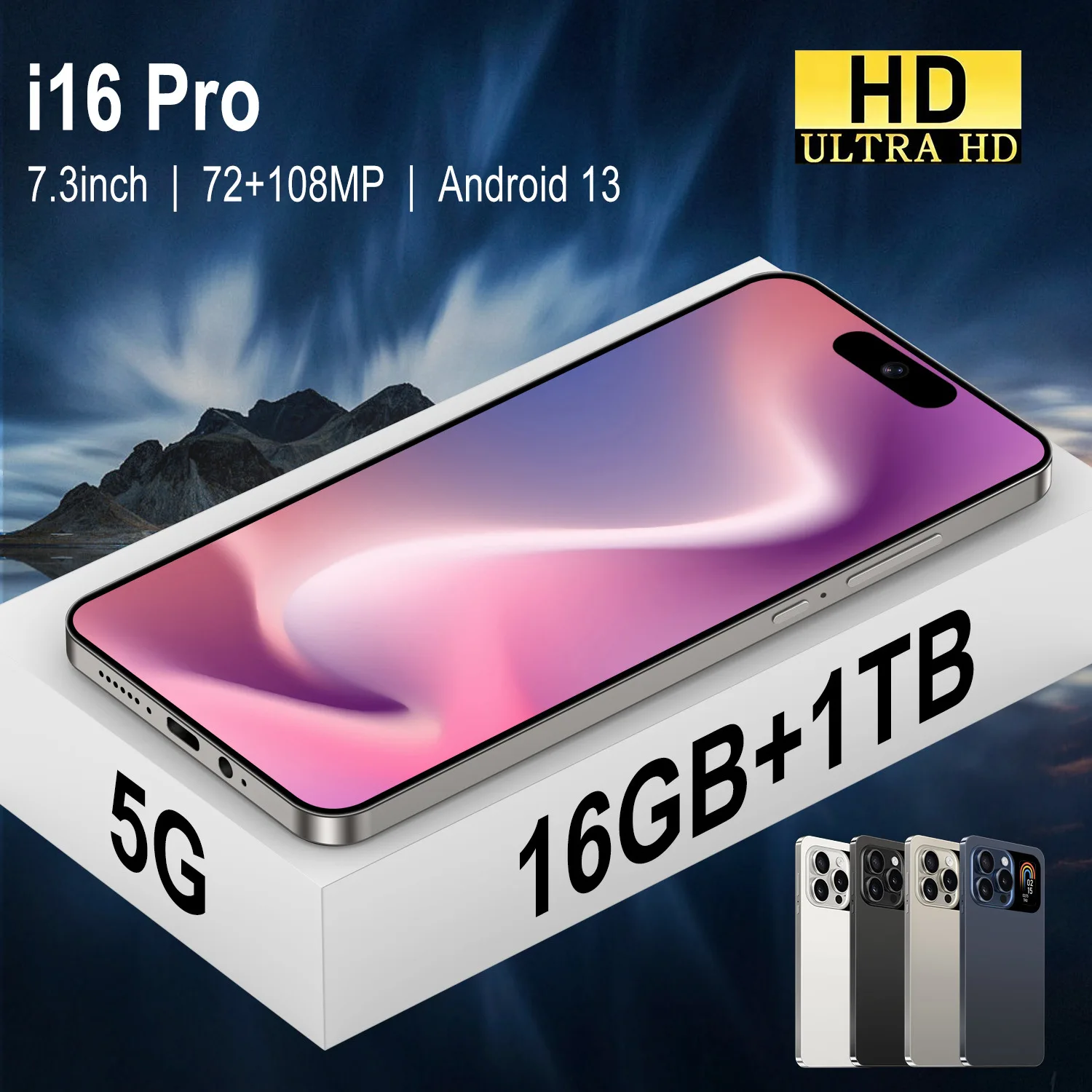 

2024 Original I16Pro Max 7.3 Inch HD 5G Smartphone Android14.0 22GB+2TB Dual SIM 8000mAh 50+108MP Camera Original Mobile Phones