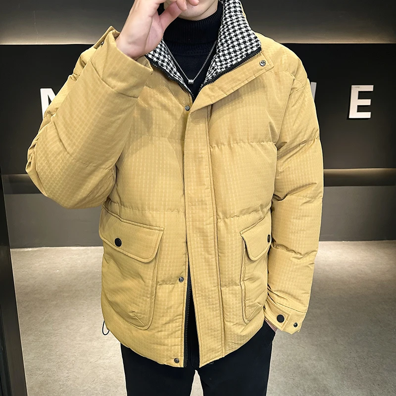 

Oversized Men's Winter New Solid Color Cotton Jacket with Black and White Plaid Collar Casual Thickened Warm Men's Parkas