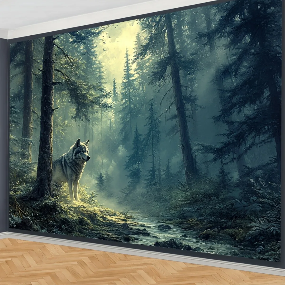 Wolf in Misty Forest Tapestry Polyester Wall Hanging Boho Living Room Bedroom Decor Enchanted Nature Art