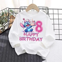 Disney-Stitch camisetas de manga comprida para crianças, anime aniversário números tops, camisa base para meninos e meninas, roupas da moda infantil, outono