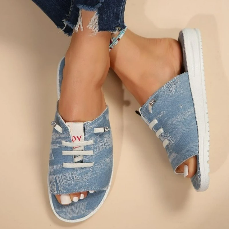 New Ladies Slippers Canvas  Lace-up  Open-toed New Flat-Bottom  Casual Women Fashion Denim Beach Shoes Sandalias Mujer