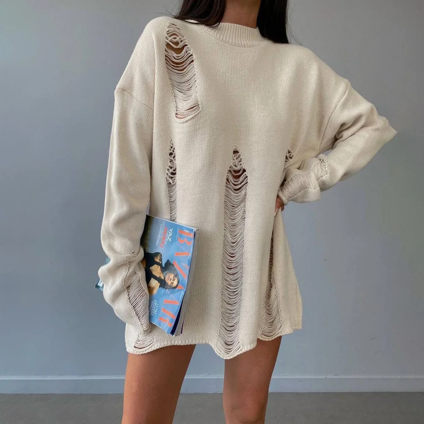 2024 Women\'s Distressed Knit Pullovers Lazy and Comfortable Sweaters with a Chic Streetwear Edge Torn knit blouse with hole