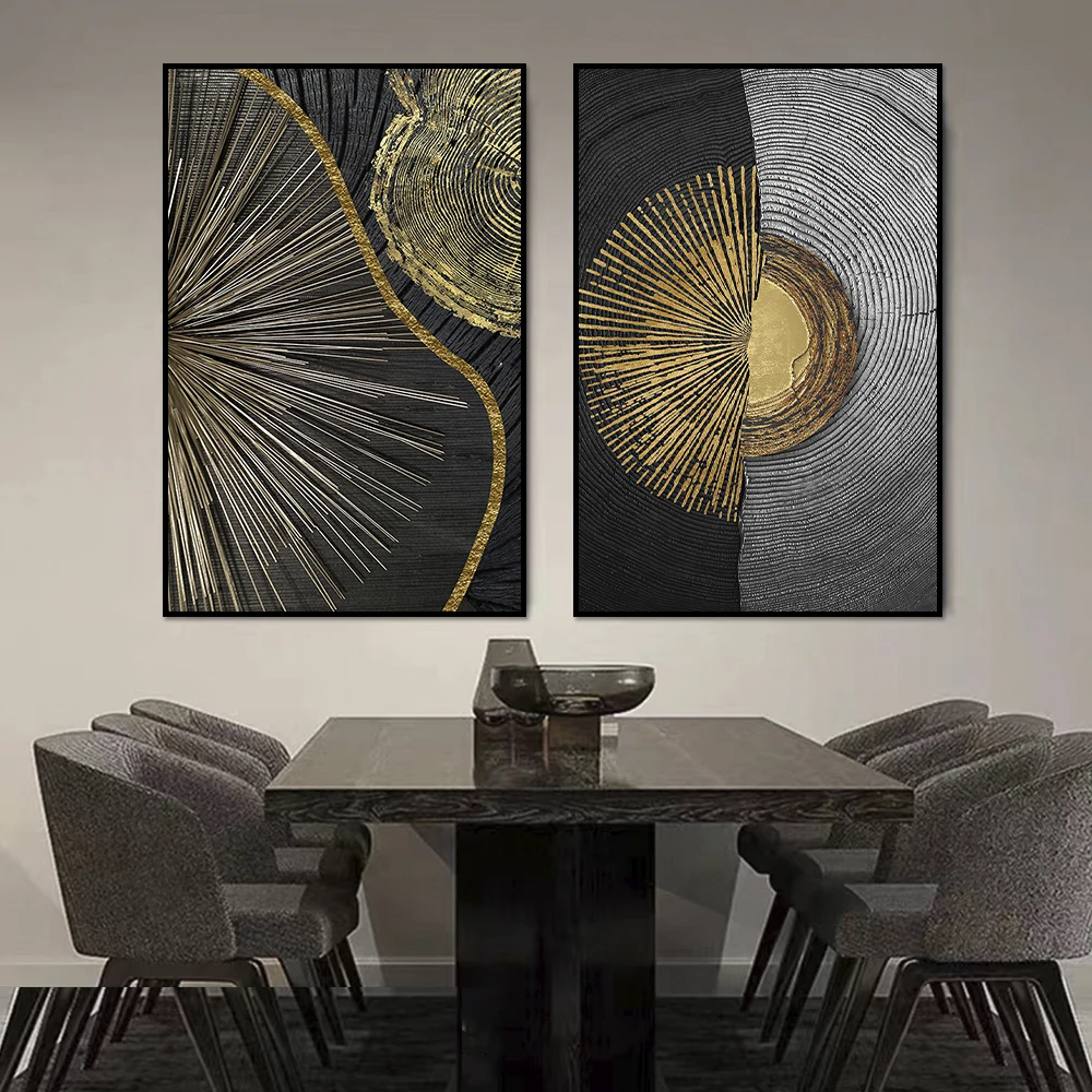 Black Gold Rough Organic Texture of Tree Rings Canvas Abstract Poster Wall Art Pictures Circle Line Paintings For Living Room