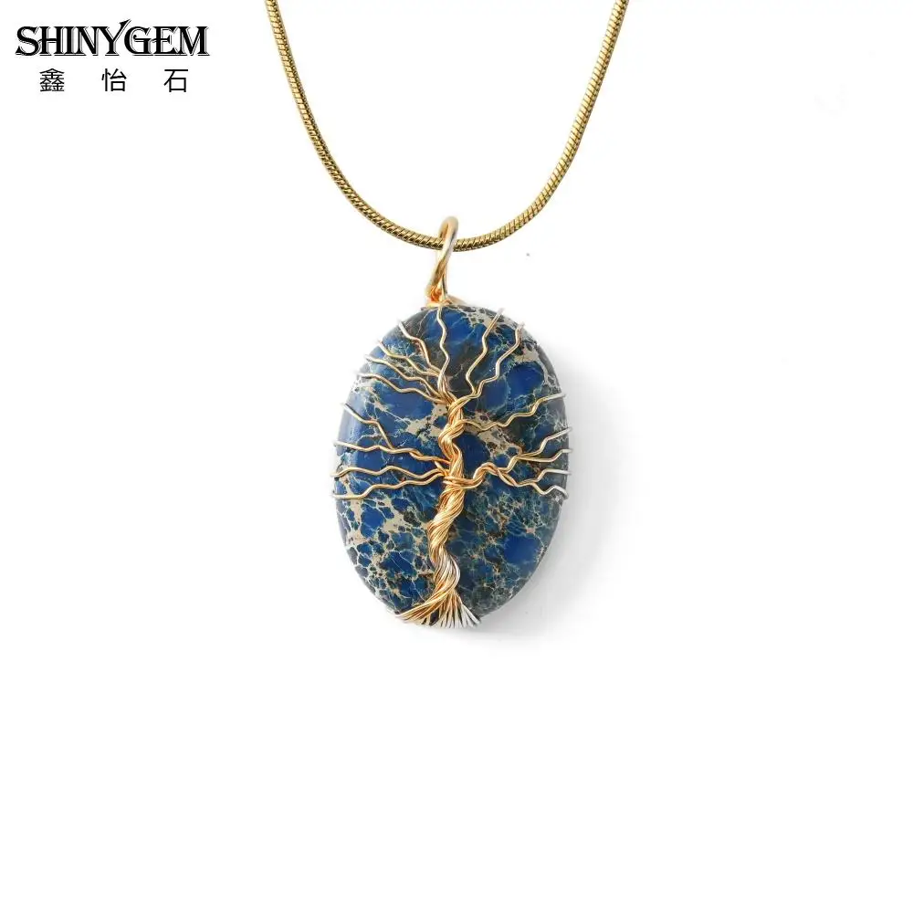 

SHINYGEM Blue Imperial Jasper Pendant Necklace Natural Ocean Sediment The Tree of Life Wrapped Handmade Charm Jewelry for Women