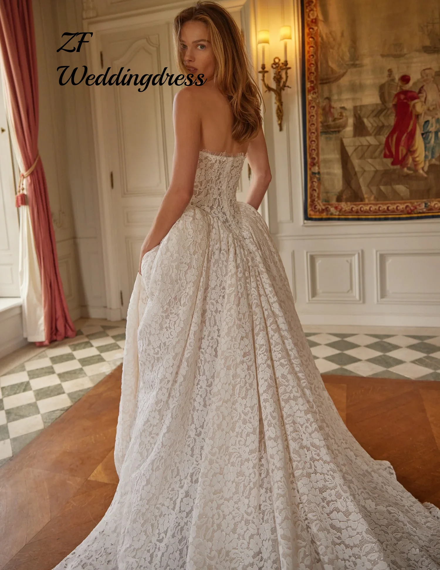 Customize Sweet Princess Lace wedding dress, elegant and charming retro bridal gown with zipper back evening dress